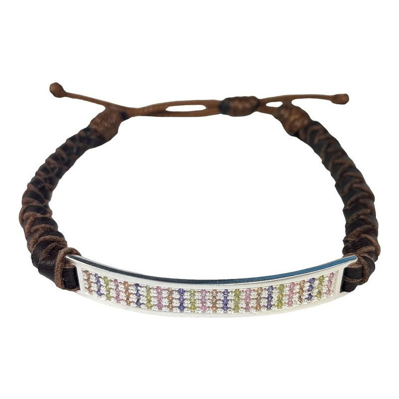 Pulsera Ajustable Unisex De Cuero Con Zirconias En Plata 925