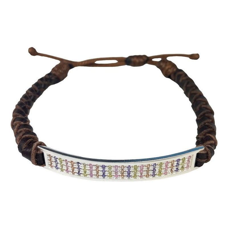 Pulsera Ajustable Unisex De Cuero Con Zirconias En Plata 925