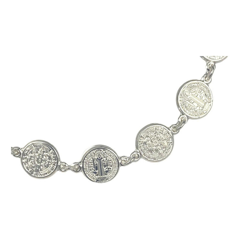 Pulsera San Benito Pequeña Medalla Plata Pura Solida Ley 925