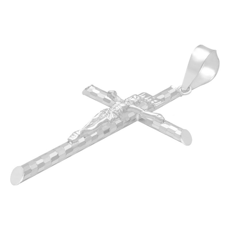 Dije Cruz Tubular Diamantado Ajedrez Cristo Plata 925 5.2 Cm Plateado