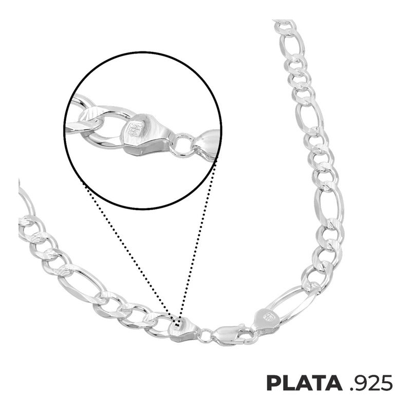 Cadena Figaro 3x1 Diamantada Hombre Plata 925 70 Cm X 9 Mm Plateado