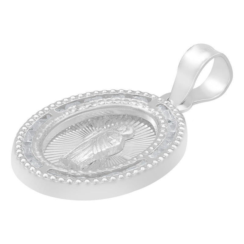 Dije Medalla Oval San Judas Zirconias Plata 925 1.4 Cm Blanco