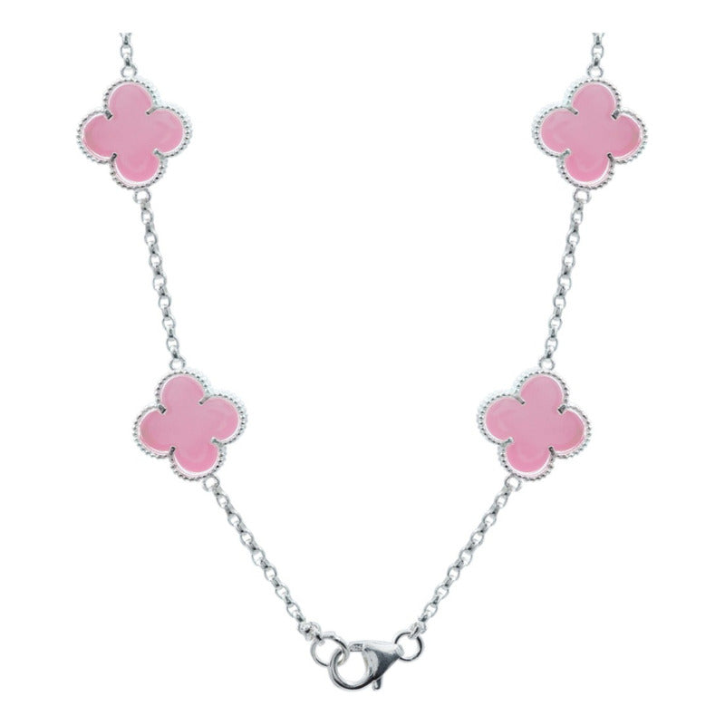 Cadena Con Dijes Trebol Esmaltado Corridos Plata 925 65 Cm