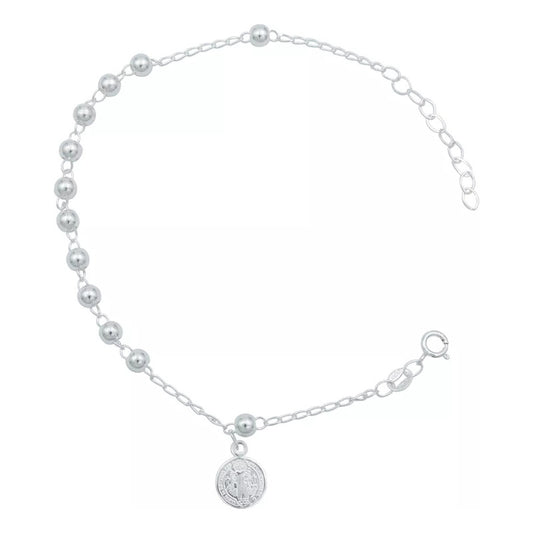 Pulsera Misterio San Benito Bola Lisa 4 Mm Unisex Plata S925 Plateado 6 Cm 18 Cm
