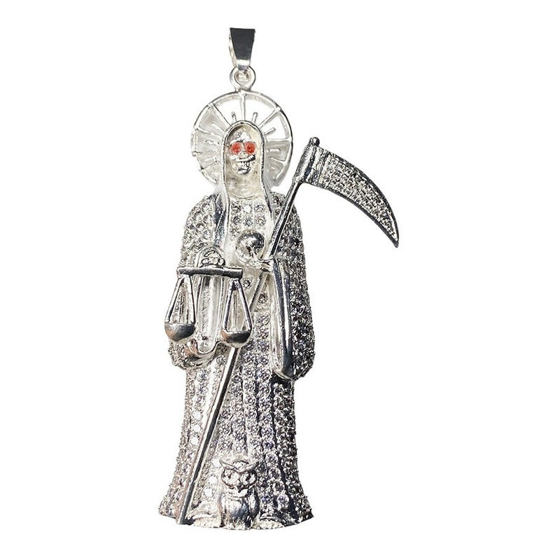 Dije Medalla Gigante Santa Muerte Con Zirconias En Plata 925