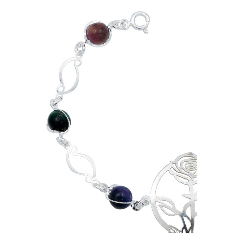 Pulsera Flores Rosa Piedra Natural Cuarzo Mujer Plata 925