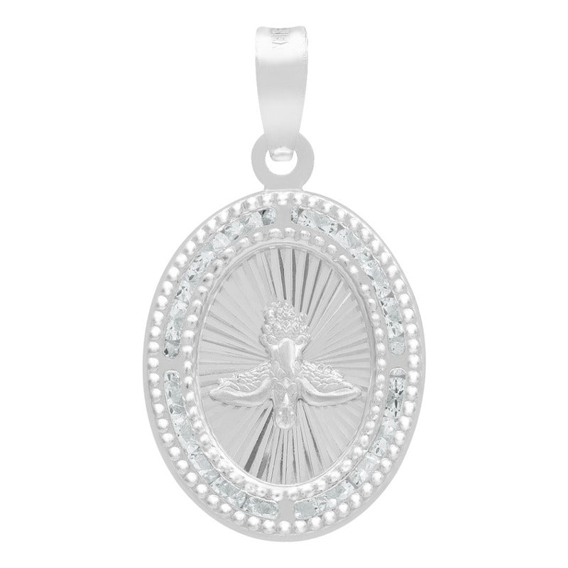 Dije Medalla Oval Espiritu Santo Zirconias Plata 925 1.4 Cm Blanco