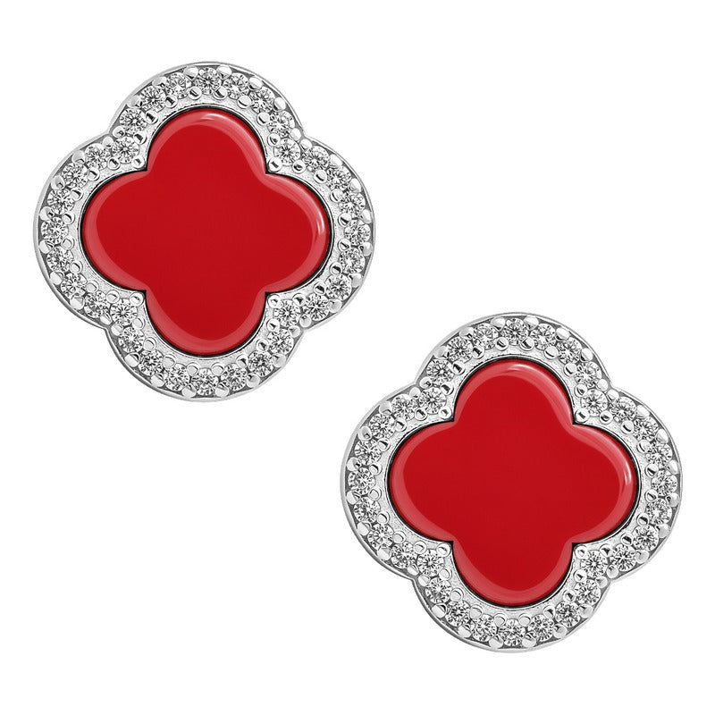 Aretes Grandes Broche Trébol Cuatro Hojas Zirconia Plata 925