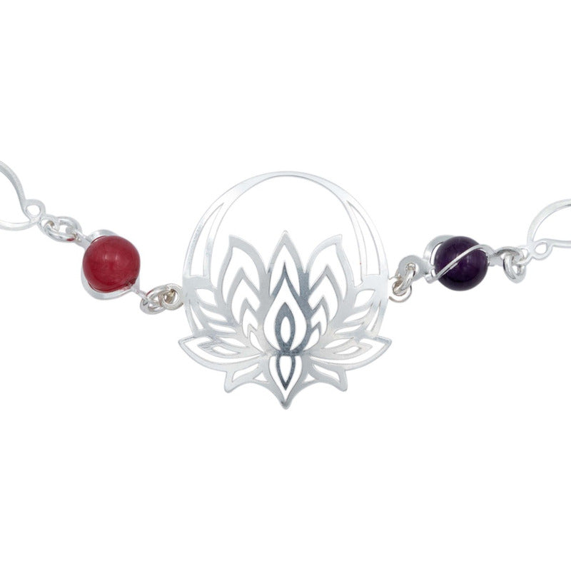 Pulsera Flor De Loto Piedra Natural Cuarzo Mujer Plata 925
