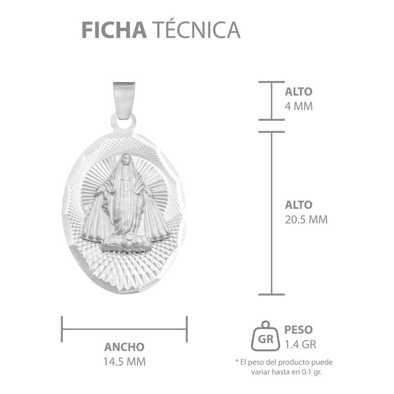 Dije Ovalada Diamantada Virgen Milagrosa Plata 925 1.4 Cm Plateado