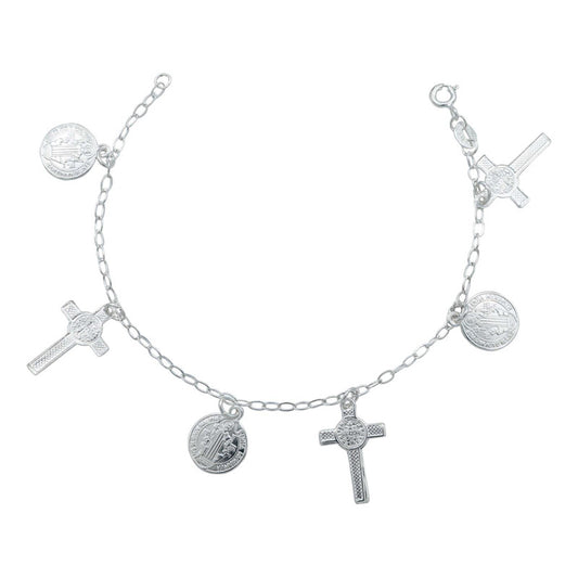 Pulsera Ajustable San Benito Pequeña Medallas Plata Ley 925
