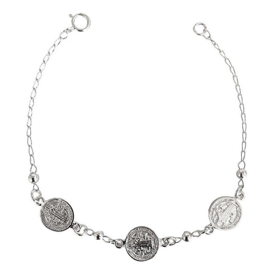 Pulsera Con 3 Medallas De San Benito Plata Fina Ley 925 Plateado 6 Cm 17 Cm