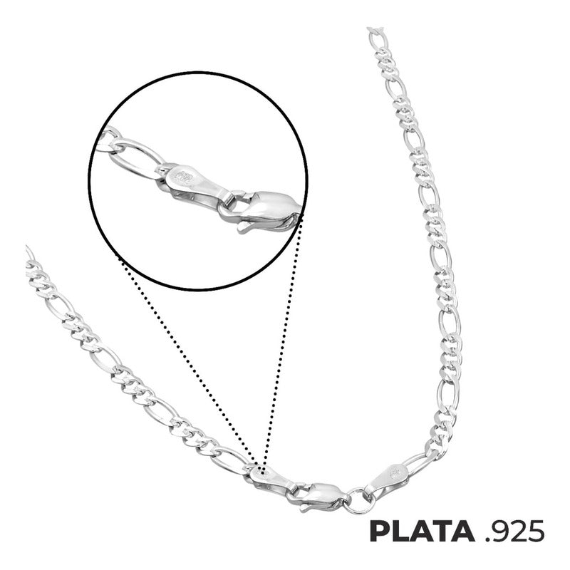 Cadena Figaro 3x1 Diamantada Unisex Plata 925 45 Cm X 4 Mm Plateado