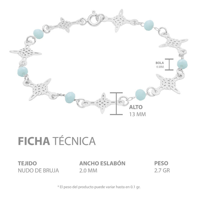 Pulsera Nudo De Bruja Laser Cristales Regalo Mujer Plata 925 Celeste 19 Cm