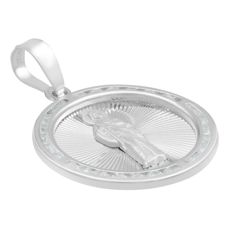 Dije Medalla Diamantada San Judas Zirconias Plata 925 2.3 Cm Blanco