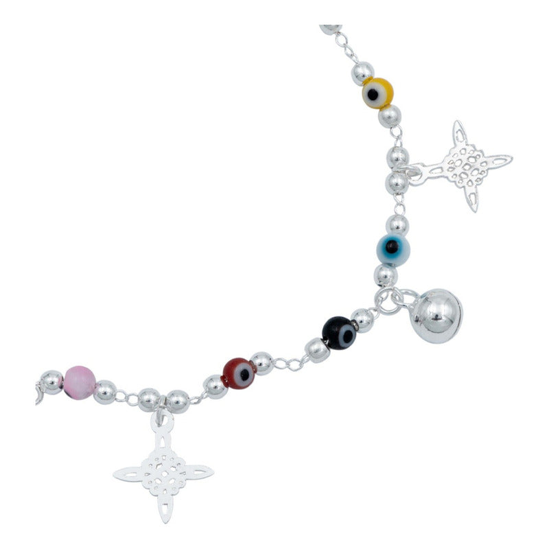 Pulsera Nudo De Bruja Ojo Turco Cascabeles Sonido Plata 925