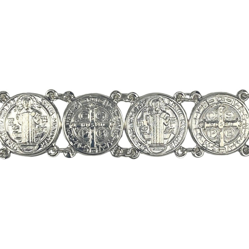Pulsera San Benito Esclava Medallas Plata Solida Ley 925 Plateado 6 Cm 19.5 Cm