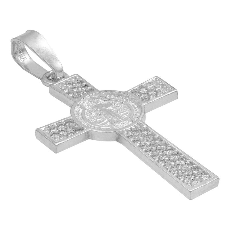 Dije Cruz De San Benito Doble Vista Con Zirconias En Plata 925 | Medalla Religiosa Detallada Y Pulida | 3.9 Cm | Ideal Para Uso Diario, Ceremonias Y Regalos