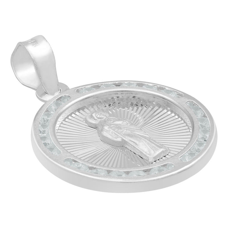 Dije Medalla Diamantada San Judas Zirconias Plata 925 1.8 Cm Blanco