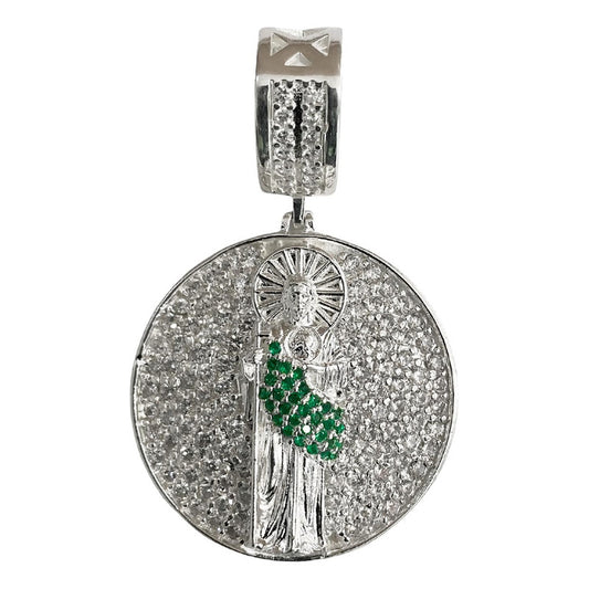 Medalla Premium San Judas Zirconias Plata Fina Ley 925 Verde Alto / Ancho 5.2 Cm X 3.3 Cm
