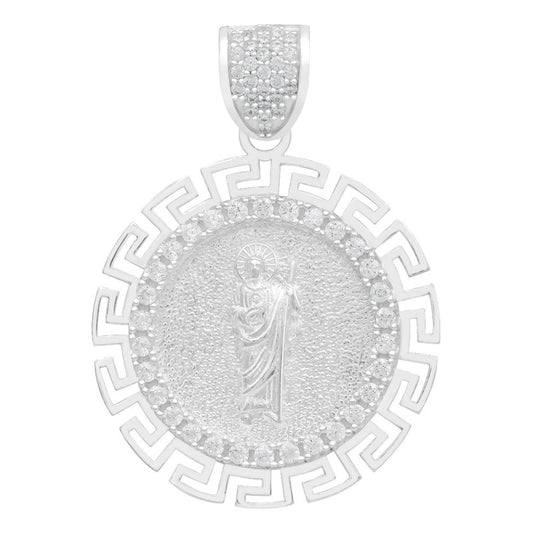 Dije Medalla San Judas Grecas Zirconias Plata 925 3.4 Cm Blanco