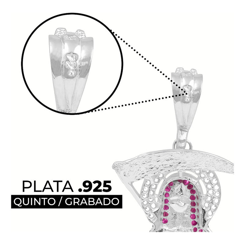 Dije Medalla Grande Santa Muerte Zirconias Plata 925 7.7 Cm - Fucsia