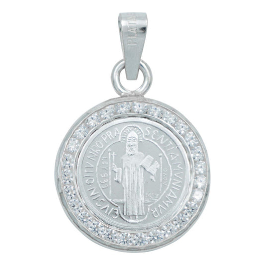 Dije Medalla San Benito Mediana Zirconias Plata Pura 999 Plateado