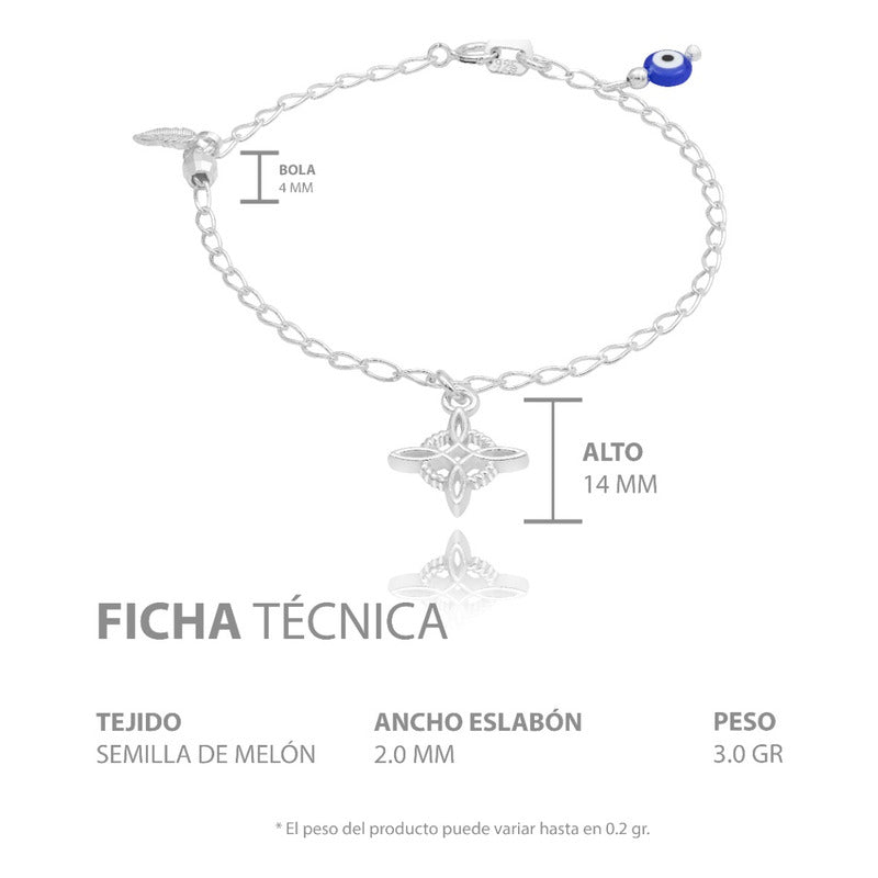 Pulsera Nudo Bruja Bola Facetada Ojo Turco Pluma Plata 925 Azul 18 Cm