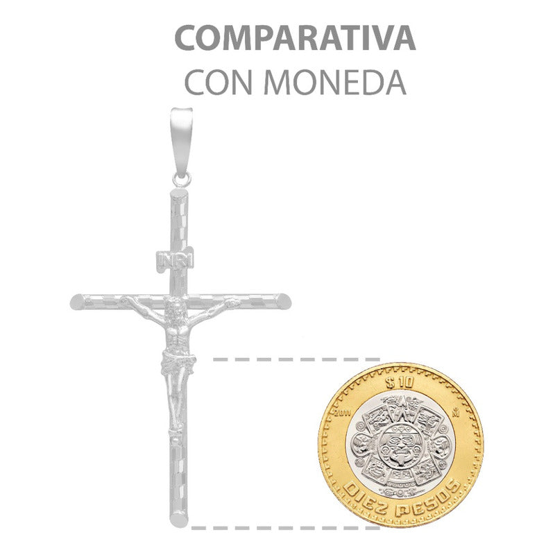 Dije Cruz Tubular Diamantado Ajedrez Cristo Plata 925 7 Cm Plateado