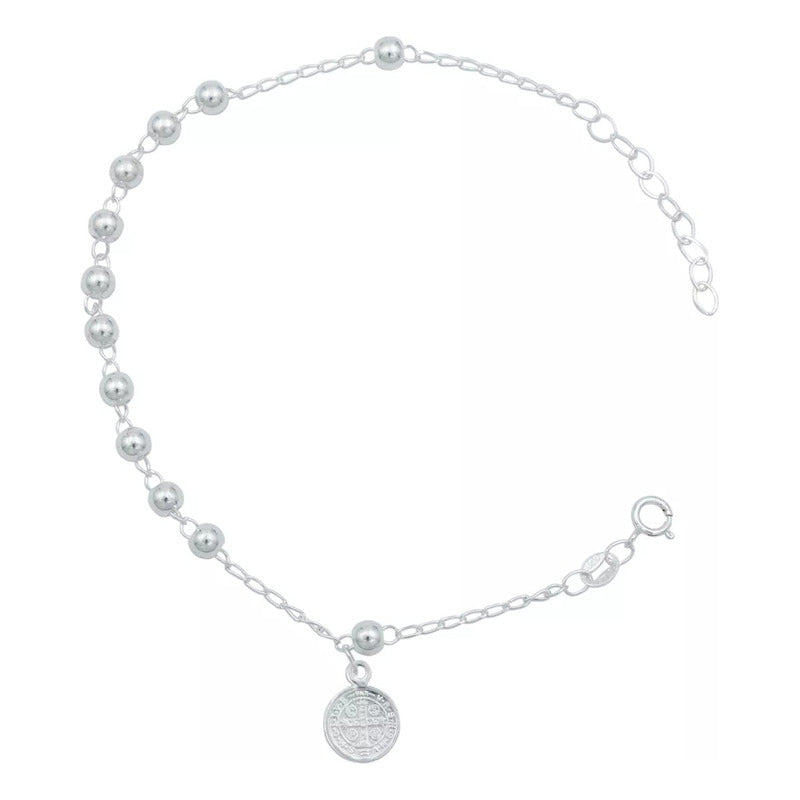 Pulsera Misterio San Benito Bola Lisa 4 Mm Unisex Plata S925 Plateado 6 Cm 18 Cm