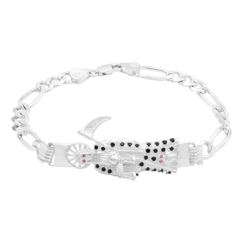 Pulsera Santa Muerte Zirconias Figaro 3x1 Plata 925 6 Mm Negro 6 Cm 21 Cm