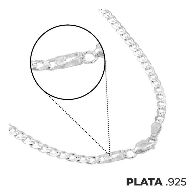 Cadena Cubana Diamantada Barbada Unisex Plata925 45cm X 4mm Plateado