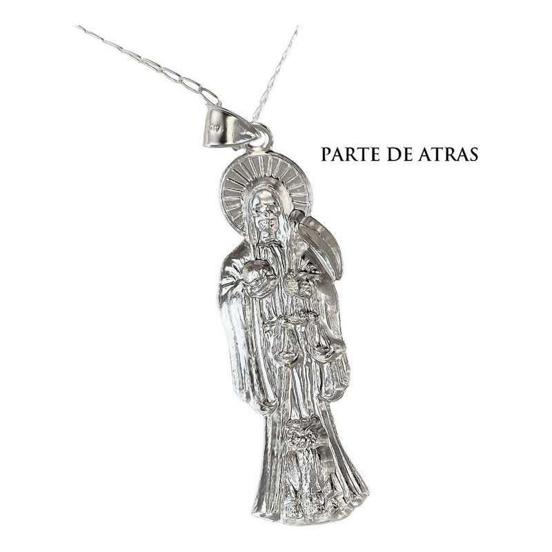 Collar Medalla Gigante Santa Muerte Hueco Plano En Plata 925