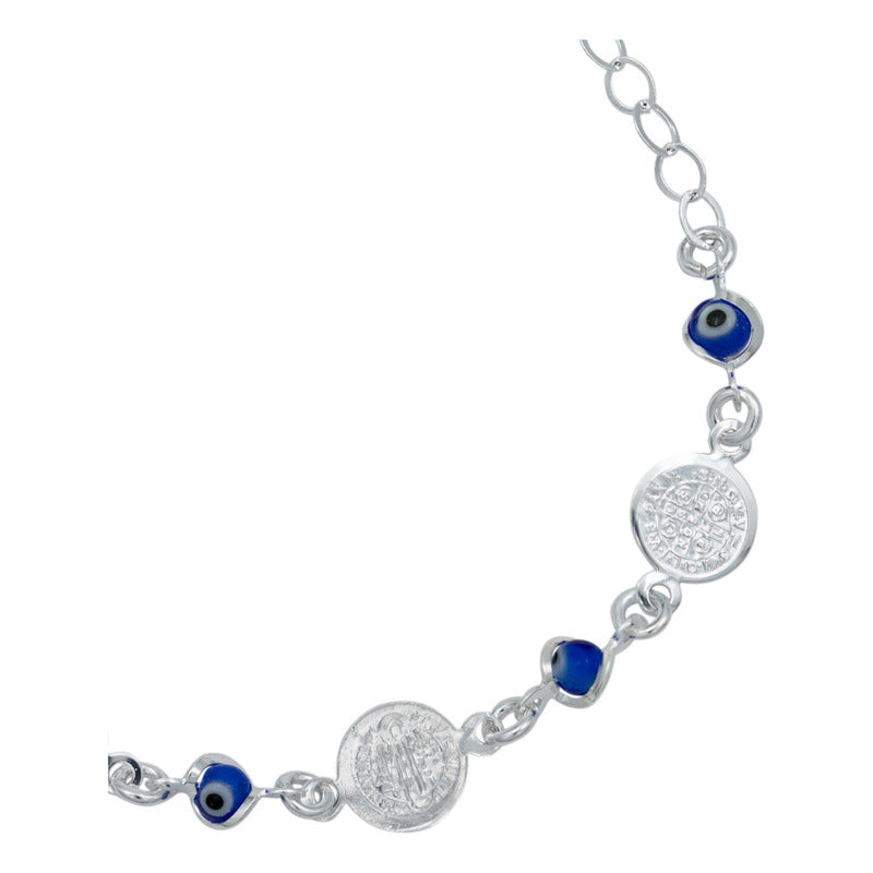 Pulsera Ajustable Con Medallas De San Benito Plata Ley S925