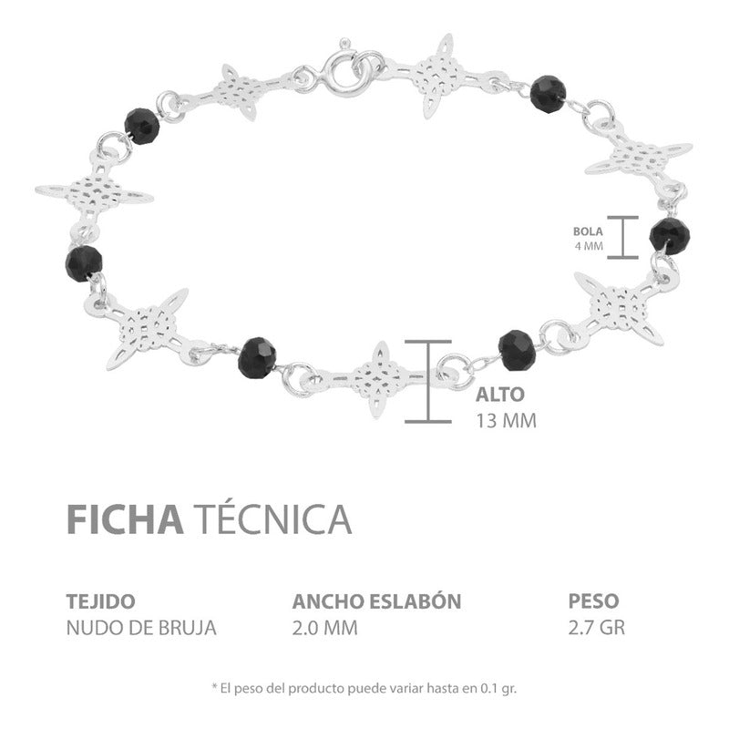 Pulsera Nudo De Bruja Laser Cristales Regalo Mujer Plata 925 Negro 19 Cm