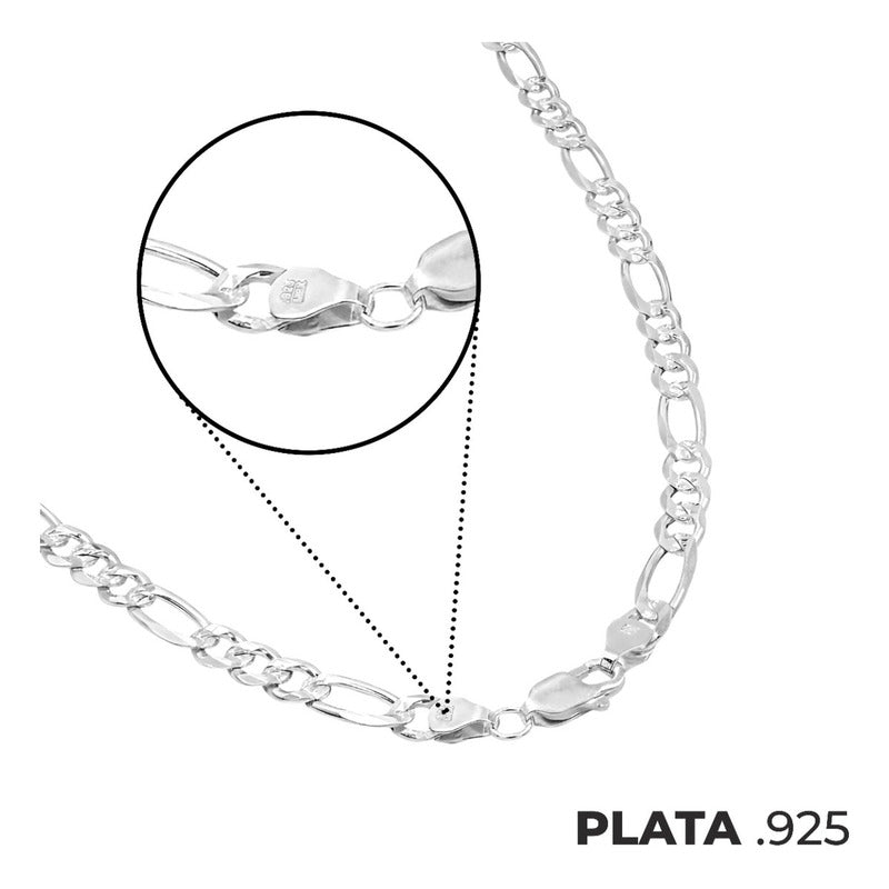 Cadena Figaro 3x1 Diamantada Hombre Plata 925 45 Cm X 6 Mm Plateado