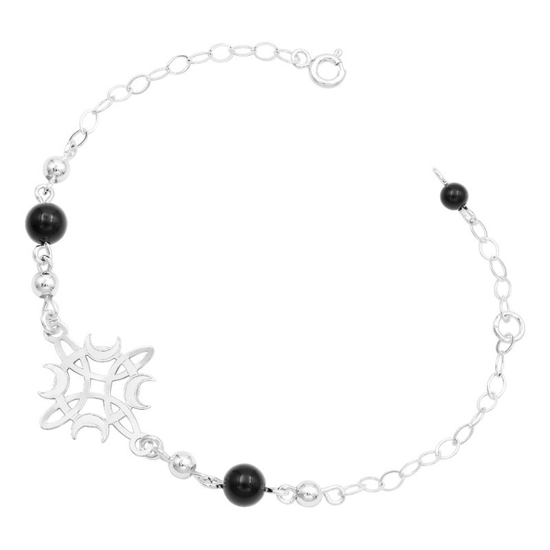 Pulsera Ajustable Nudo De Bruja Fases Lunes Bolas Plata 925 Negro 6 Cm 20 Cm