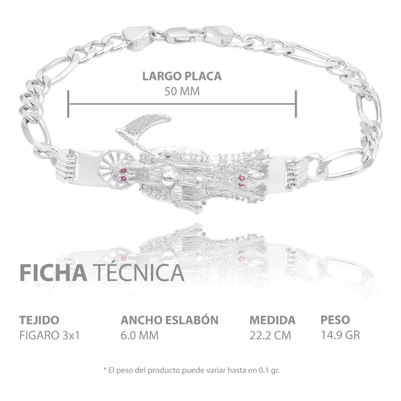 Pulsera Santa Muerte Zirconias Figaro 3x1 Plata 925 6 Mm Blanco 6 Cm 22 Cm