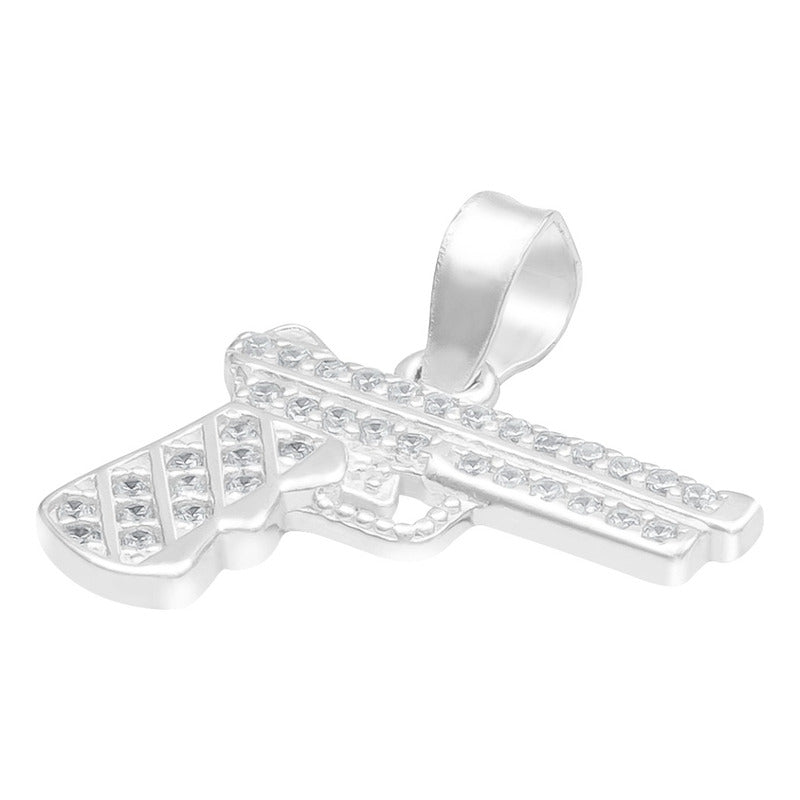Dije Chico Pistola Glock Revolver Hombre Zirconias Plata 925 Blanco