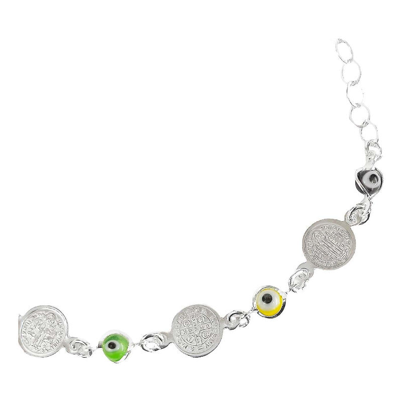 Pulsera Ajustable Con Medallas De San Benito Plata Ley S925