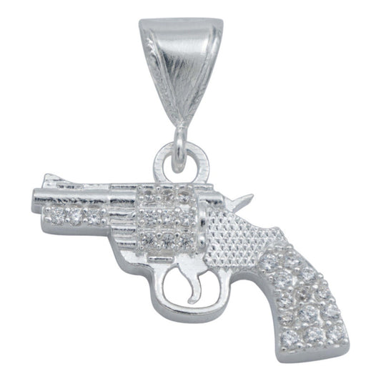Dije Pistola Chica Revolver Zirconias Belico Plata 925 Blanco