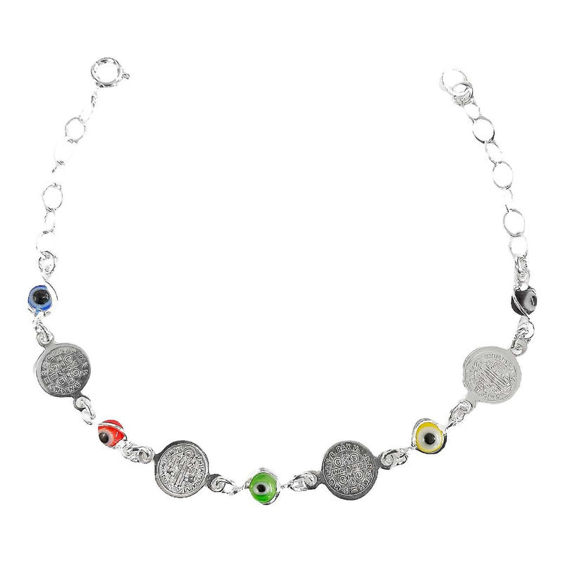 Pulsera Ajustable Con Medallas De San Benito Plata Ley S925