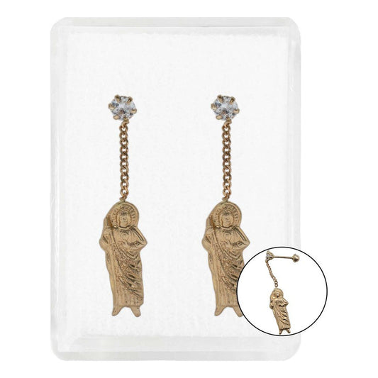 Arete Broquel San Judas Zirconia Cadena Regalo Mujer Oro10k Alto/ancho 25 Mm X 5 Mm