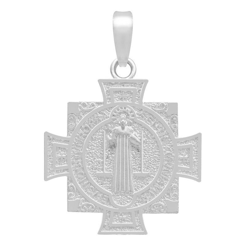 Dije Medalla Doble Vista Cruz Cuadrada San Benito Plata 925 Plateado