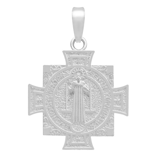 Dije Medalla Doble Vista Cruz Cuadrada San Benito Plata 925 Plateado