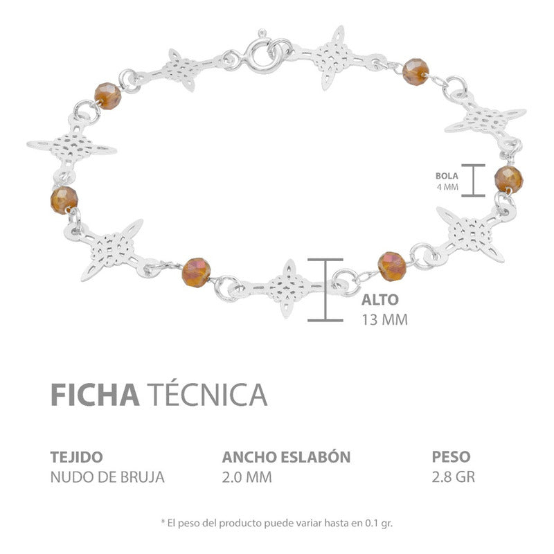 Pulsera Nudo De Bruja Laser Cristales Regalo Mujer Plata 925 Café 19 Cm