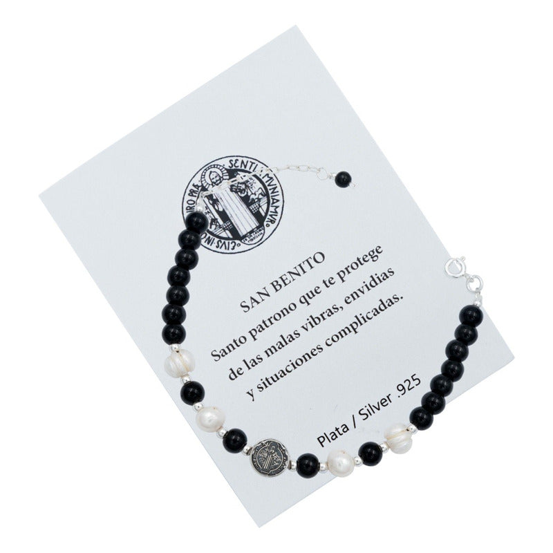 Pulsera Ajustable San Benito Bolitas Medalla Plata 925