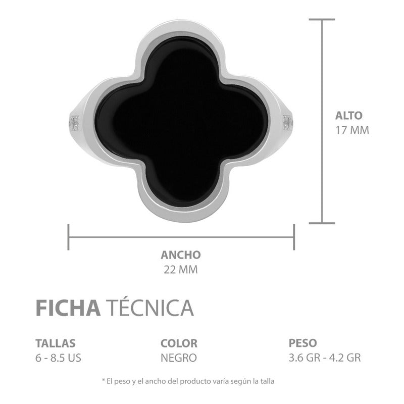 Anillo Grande Hombre Mujer Trebol Esmaltado Resina Plata 925 Negro 7.5