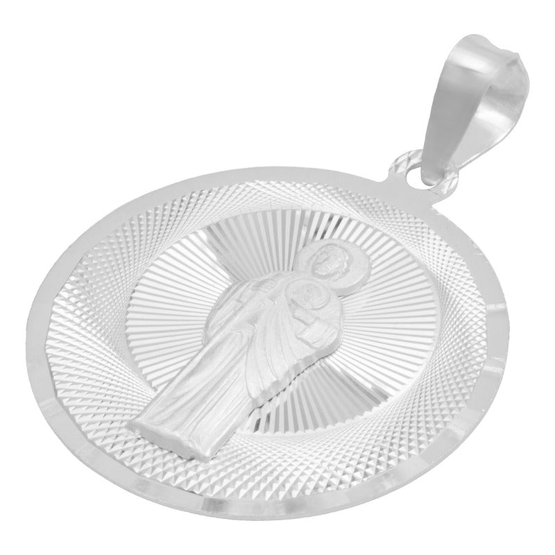 Dije Medalla Diamantado Redondo San Judas Plata 925 3 Cm
