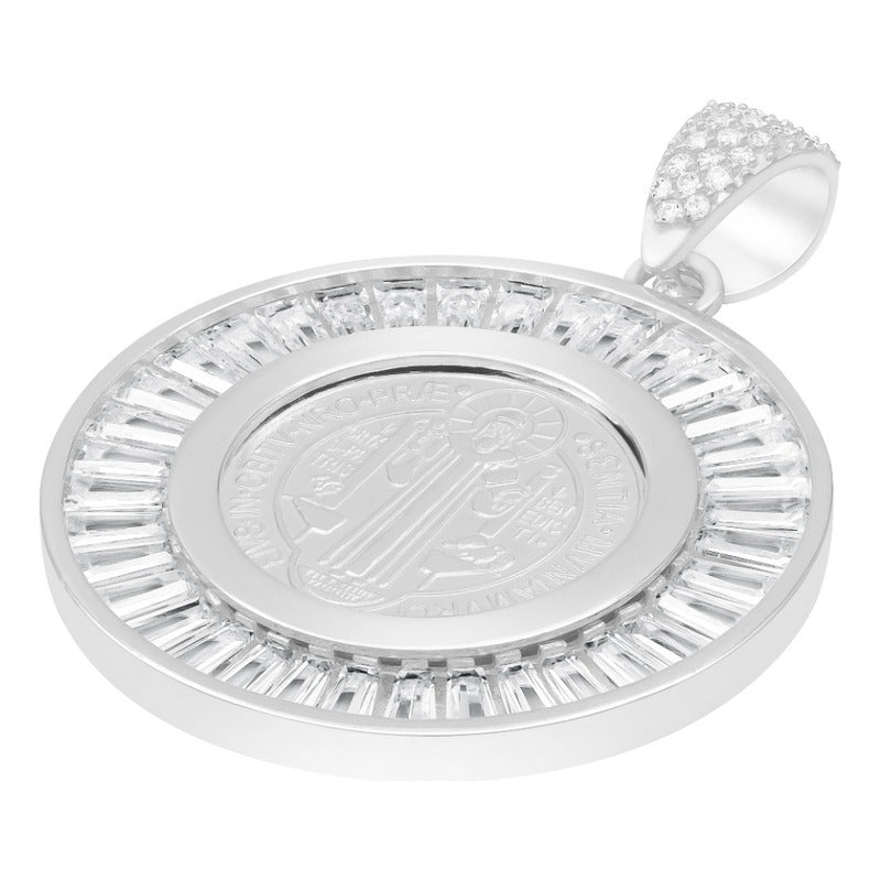 Dije Medalla San Benito Bisel Zirconias Baguette Plata 925 Blanco